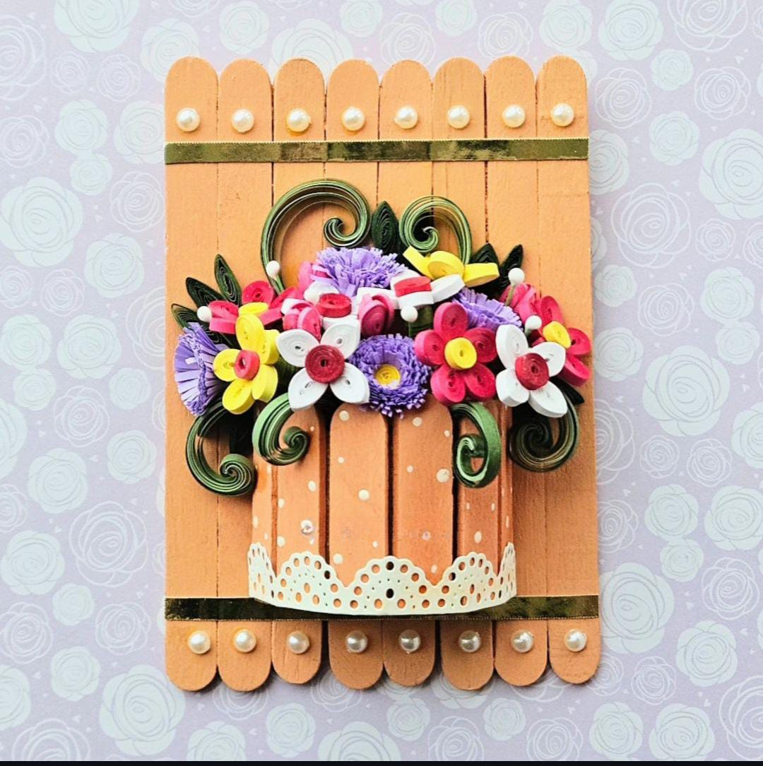 Handmade Pop stickle sticks flower pot with quilling flowers fridge magnet