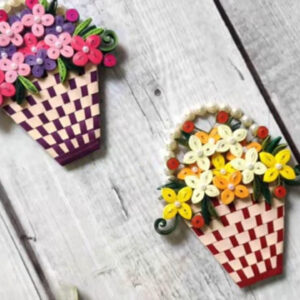Charming Handmade Quilling Flower Pot Fridge Magnet- Set of 2