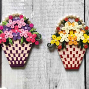 Charming Handmade Quilling Flower Pot Fridge Magnet- Set of 2